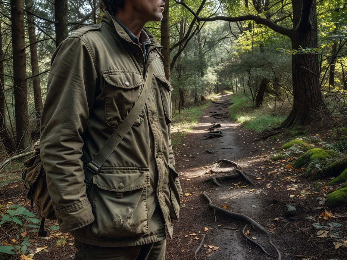 A person on a woodland path wearing a field jacket with chest and hip pockets visible and a small rucksack strap across the shoulder