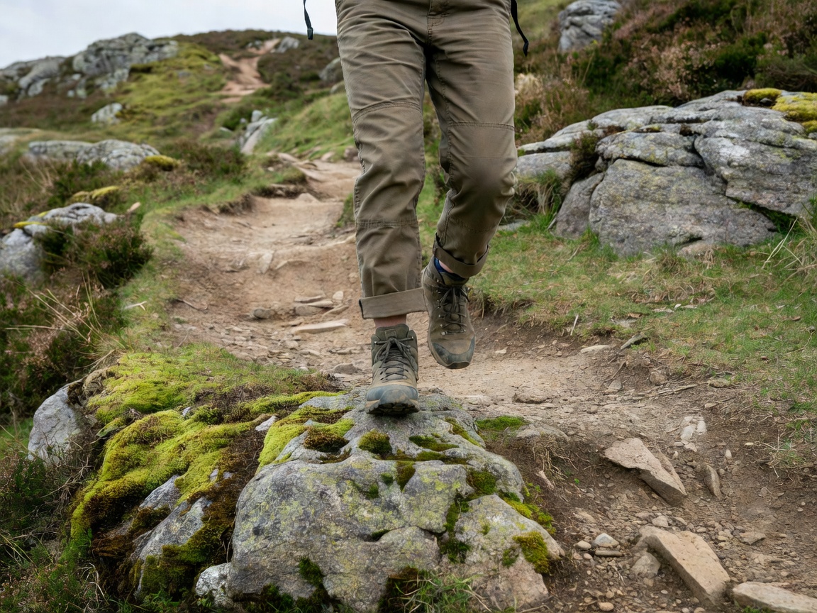 A walker stepping up onto a mossy rock on a hillside trail, wearing walking trousers with shaped knees and rolled hems