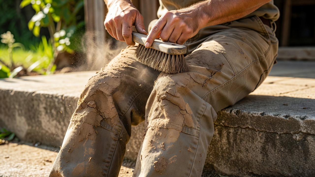 Hands using a stiff brush to remove dried mud from the knees of walking trousers on a sunny back step