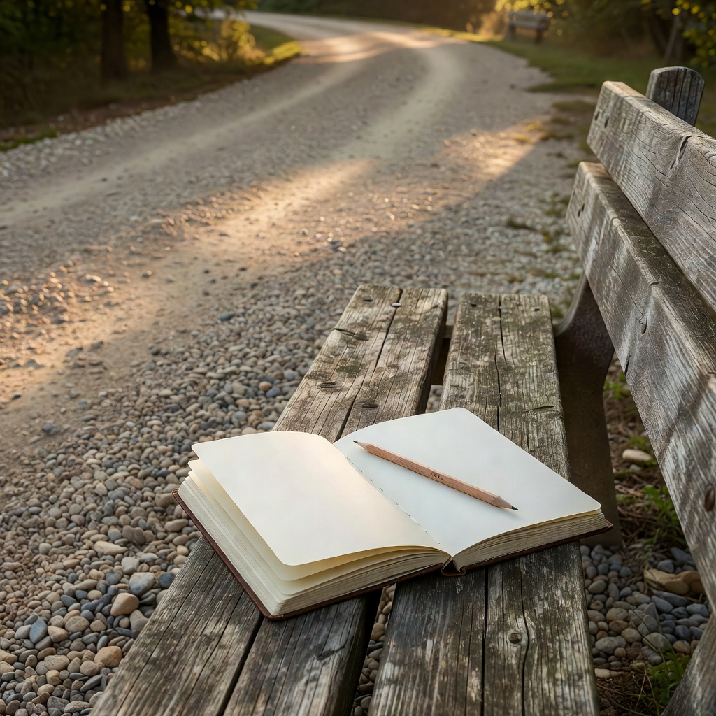 An open paper notebook and a pencil resting on a wooden bench beside a gravel footpath in soft afternoon light