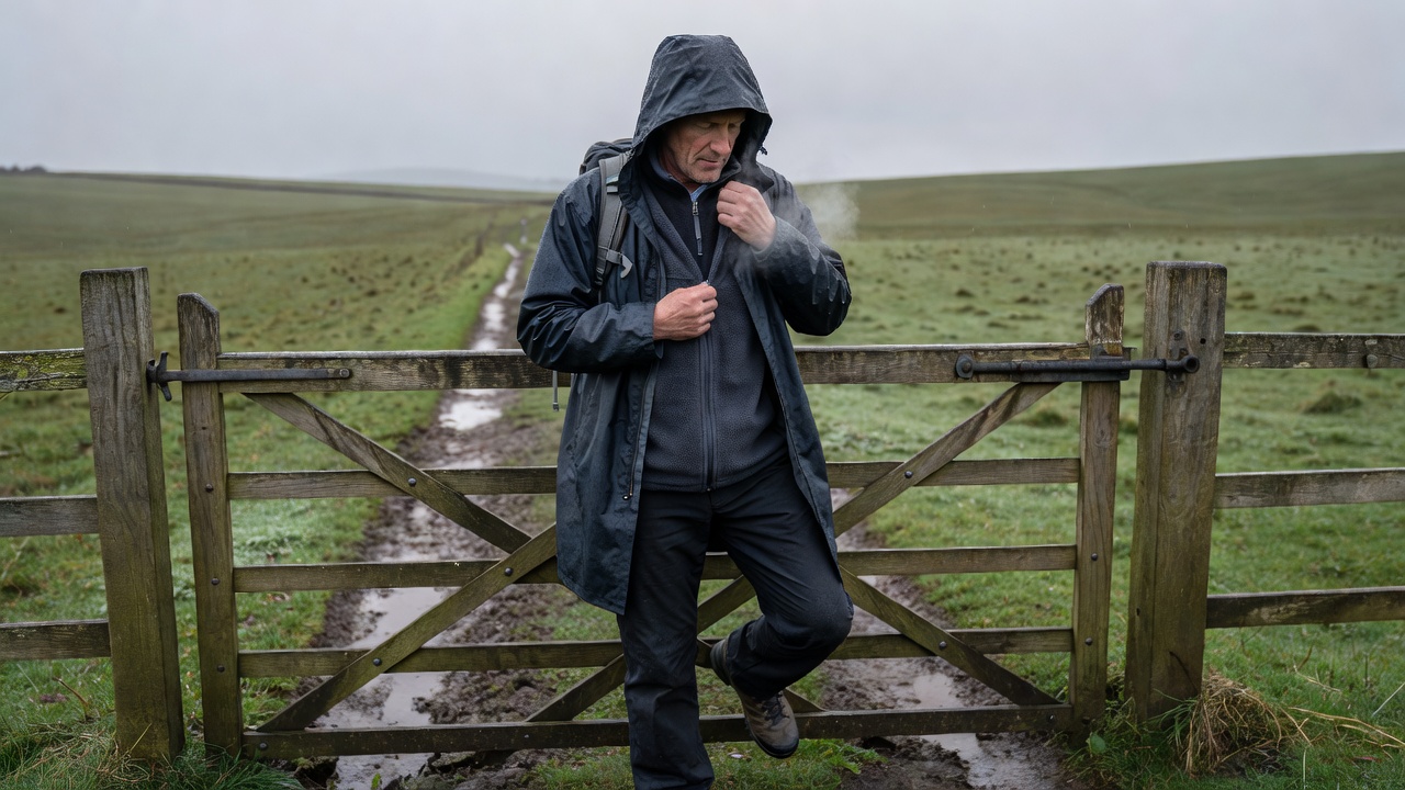 A walker pausing at a wooden field gate to unzip a fleece beneath an open rain shell on a cool grey morning