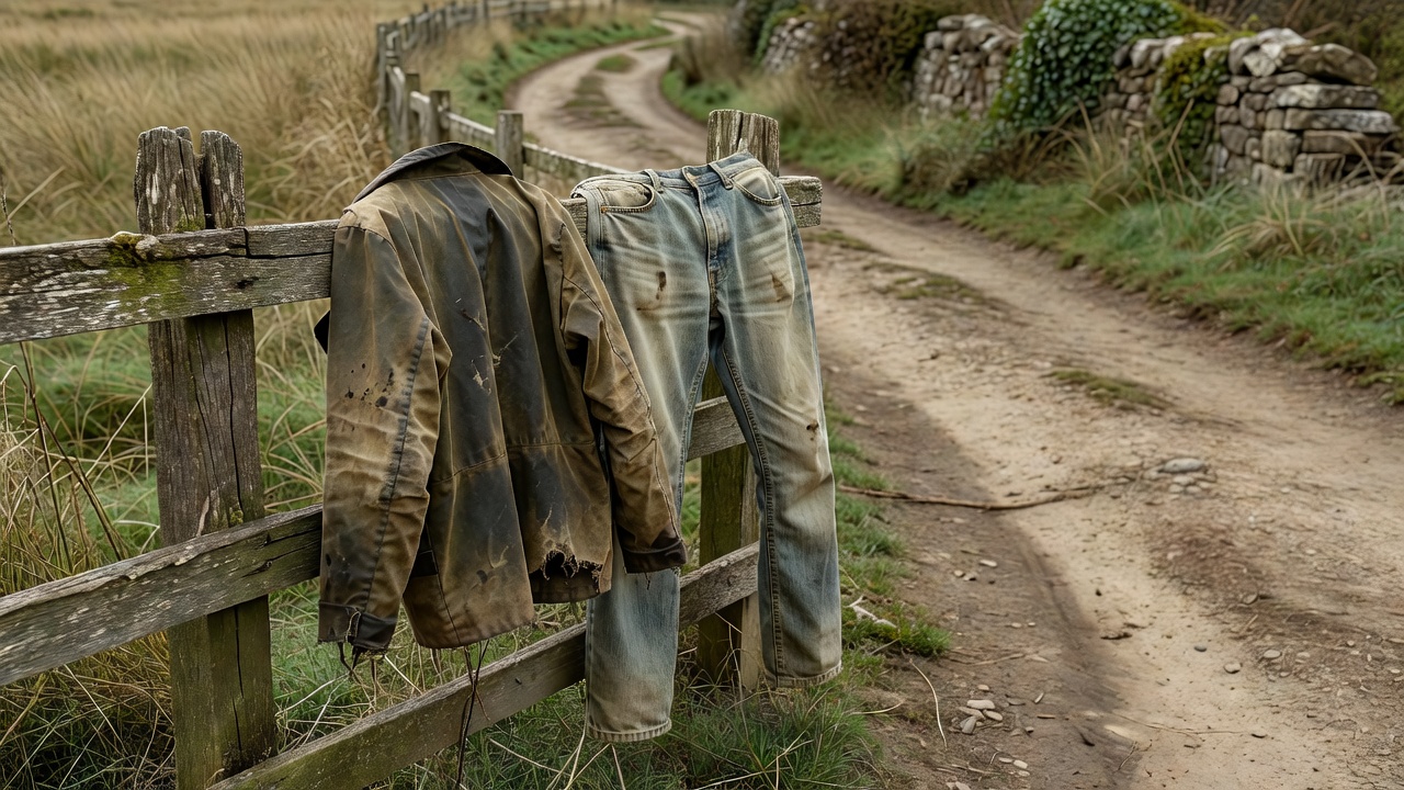 A worn waxed cotton jacket and faded denim jeans hung over a weathered fence rail beside a country path
